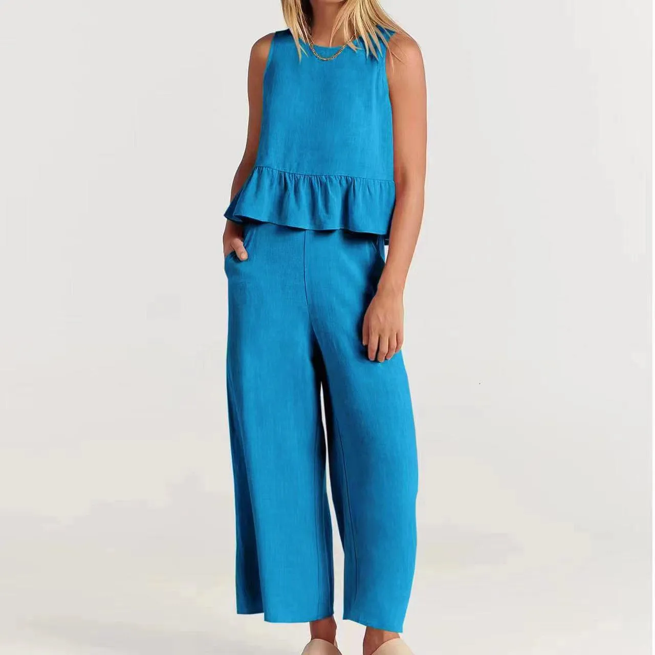 Womens Peplum Top  Relaxed Fit  Sleeveless  Round Neck  Lightweight Cotton Blend