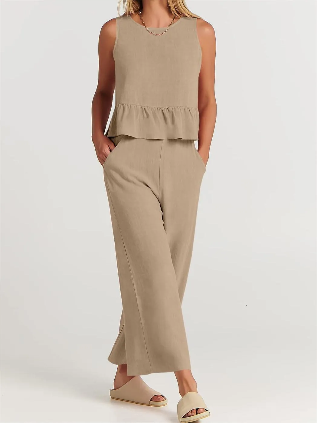 Womens Peplum Top  Relaxed Fit  Sleeveless  Round Neck  Lightweight Cotton Blend
