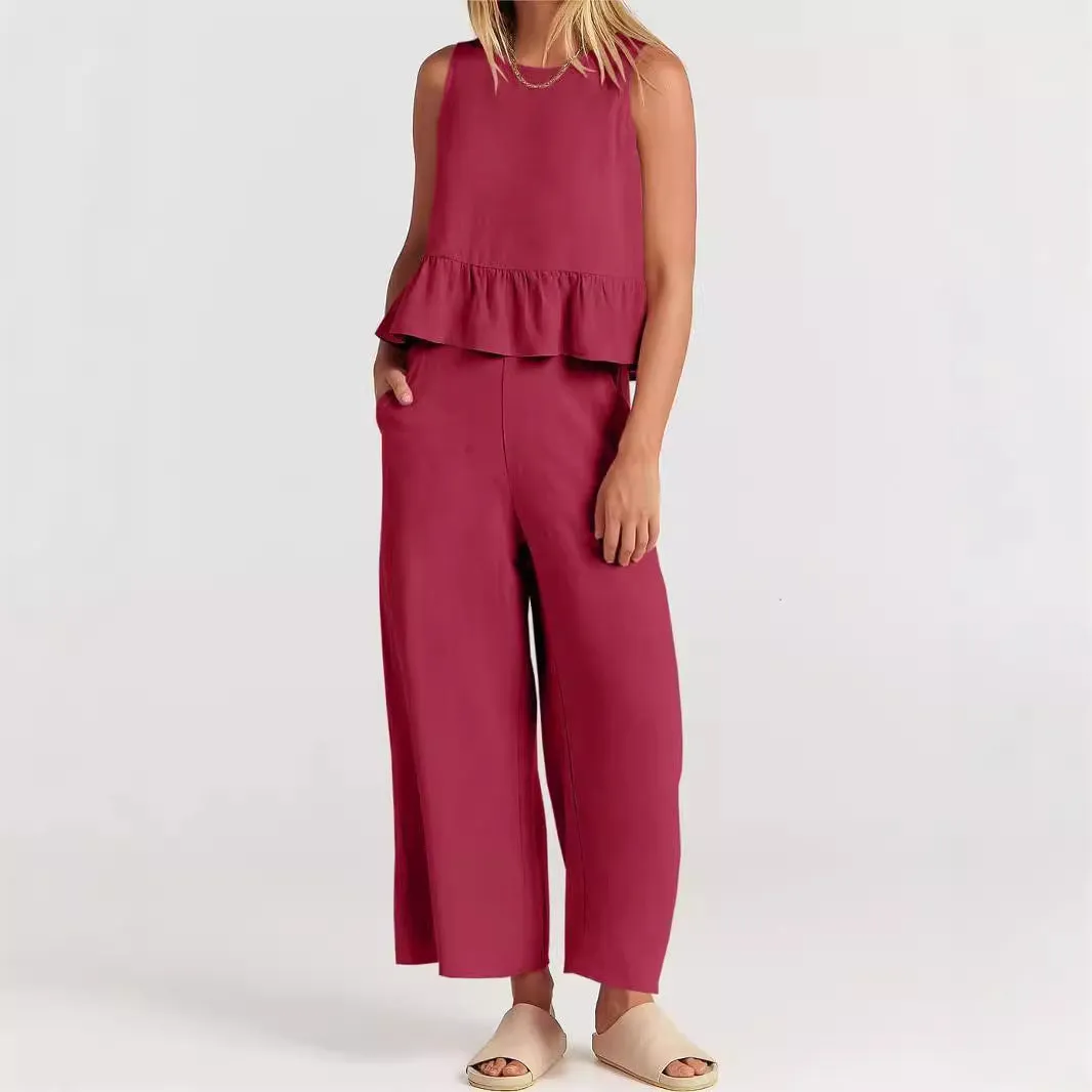 Womens Peplum Top  Relaxed Fit  Sleeveless  Round Neck  Lightweight Cotton Blend