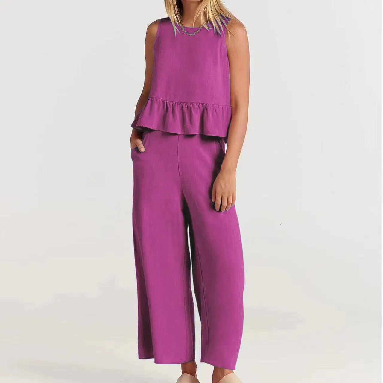 Womens Peplum Top  Relaxed Fit  Sleeveless  Round Neck  Lightweight Cotton Blend