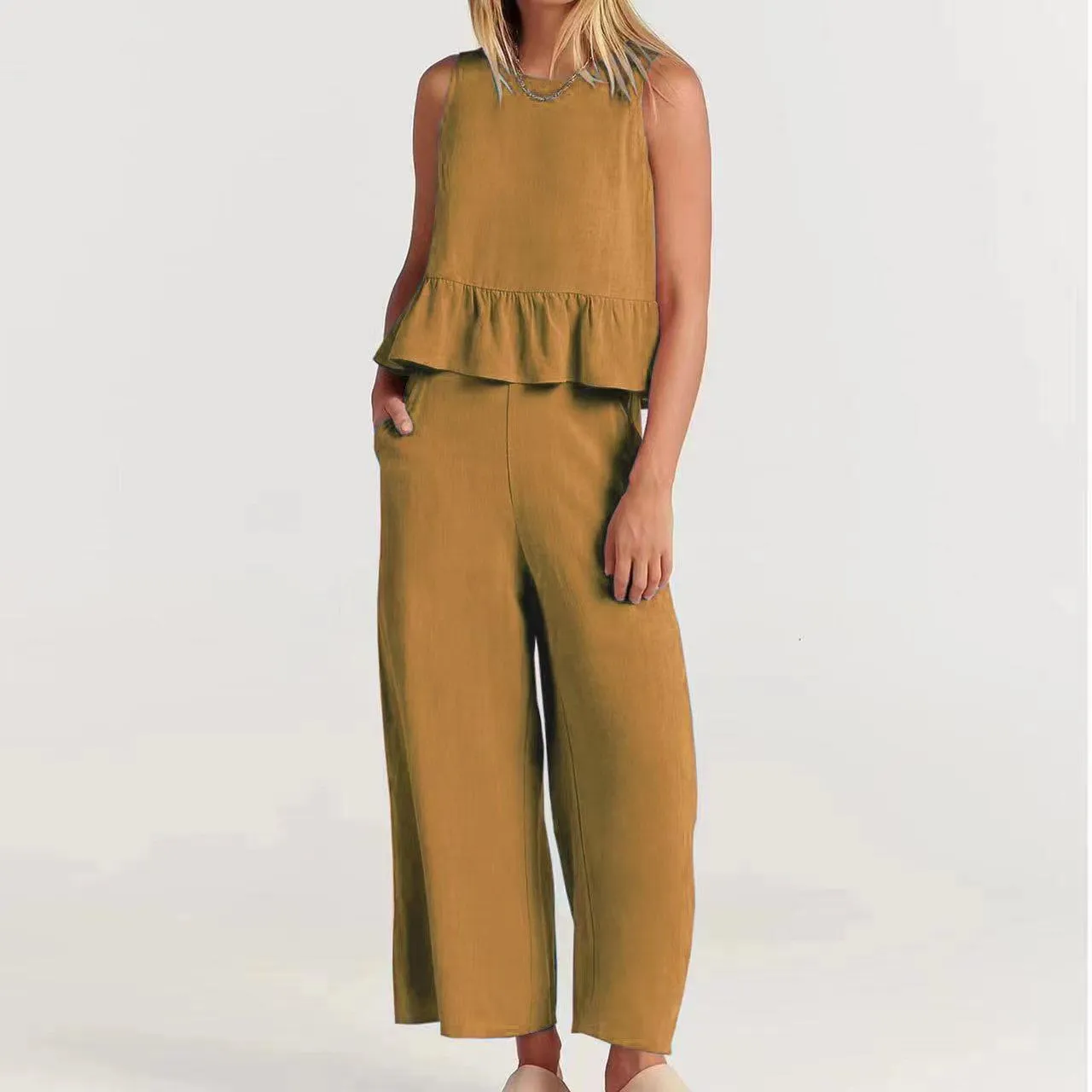 Womens Peplum Top  Relaxed Fit  Sleeveless  Round Neck  Lightweight Cotton Blend