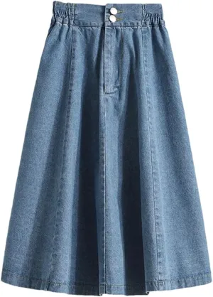 Women's Pleated Denim Skirt Elastic Waist Loose All-Match Bottoms Spring/Summer Midi High Waist Thin A-Line Jean Skirt