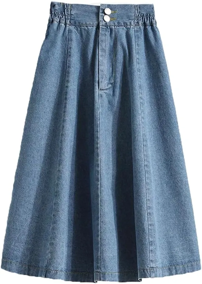 Women's Pleated Denim Skirt Elastic Waist Loose All-Match Bottoms Spring/Summer Midi High Waist Thin A-Line Jean Skirt
