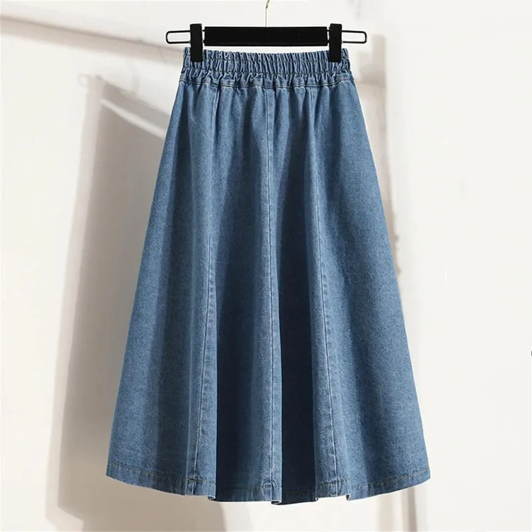 Women's Pleated Denim Skirt Elastic Waist Loose All-Match Bottoms Spring/Summer Midi High Waist Thin A-Line Jean Skirt