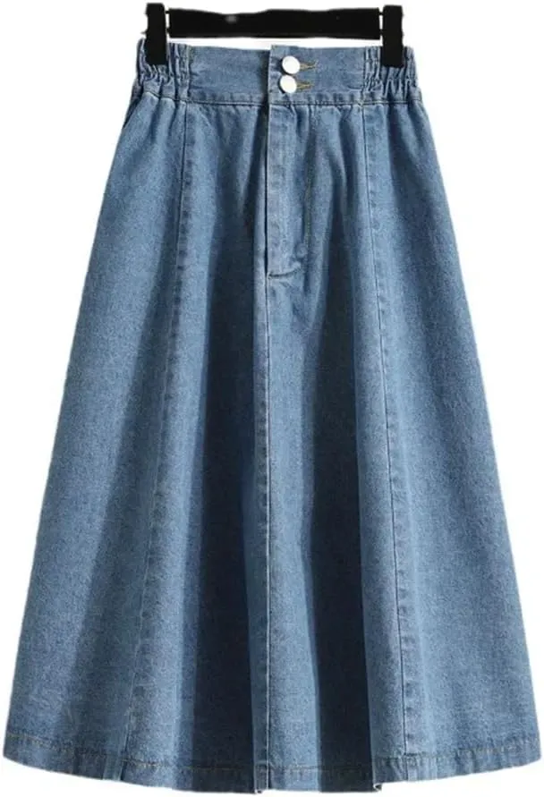 Women's Pleated Denim Skirt Elastic Waist Loose All-Match Bottoms Spring/Summer Midi High Waist Thin A-Line Jean Skirt