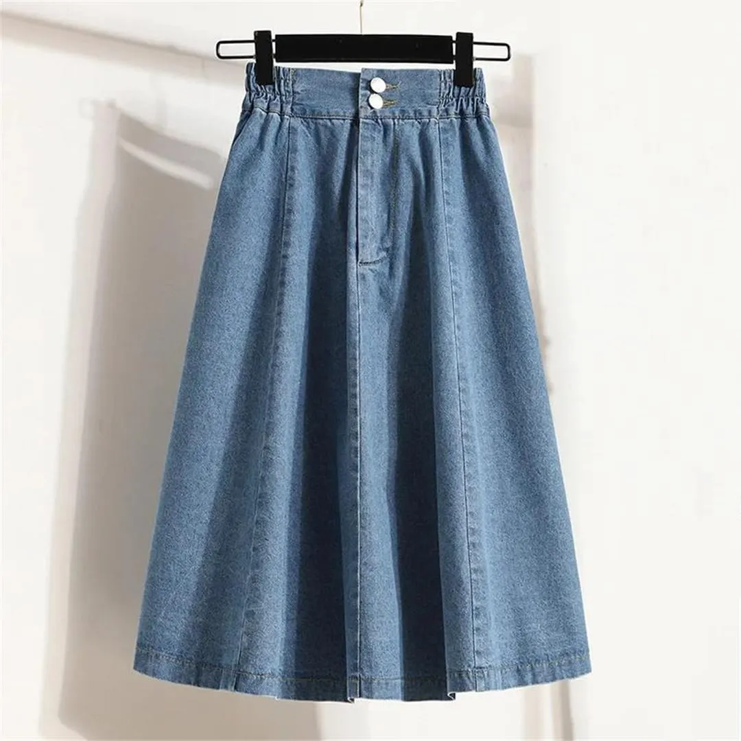 Women's Pleated Denim Skirt Elastic Waist Loose All-Match Bottoms Spring/Summer Midi High Waist Thin A-Line Jean Skirt