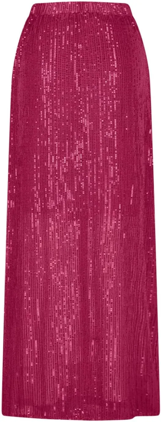 Women's Sequin Maxi Skirts Fashion Stretch High Waist Ankle Length Skirt Casual Slim Fit Long Skirts Party Outfits