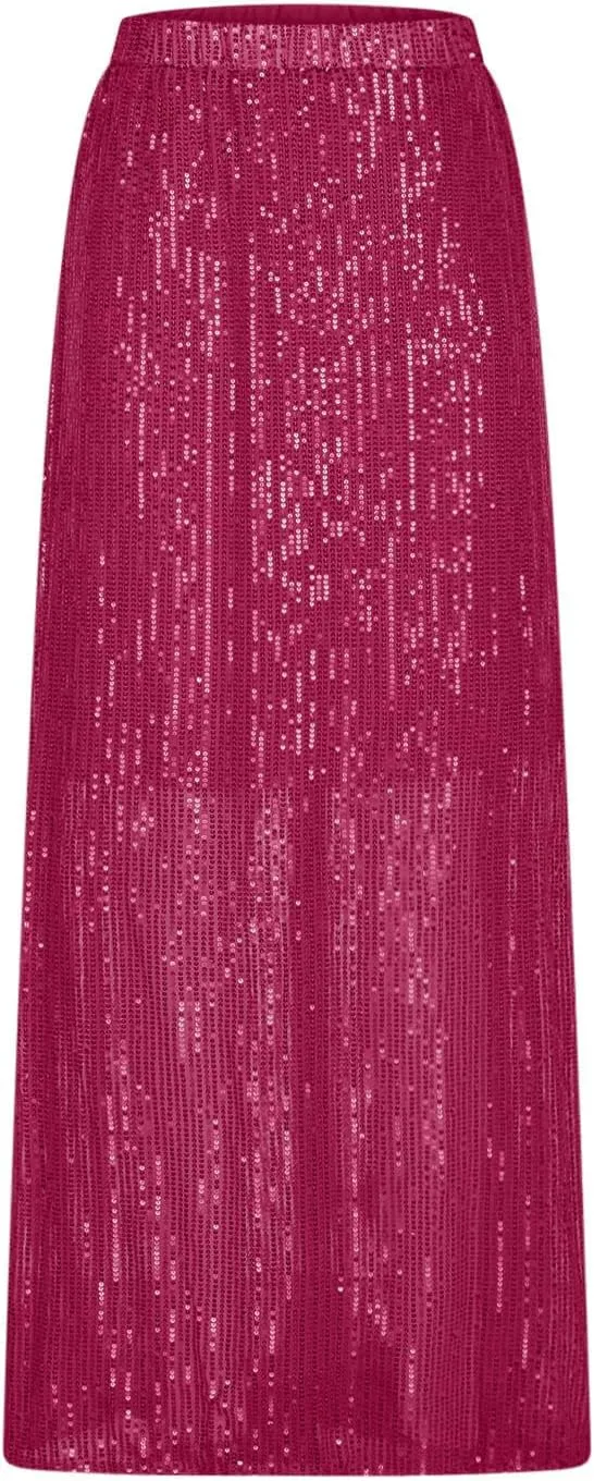 Women's Sequin Maxi Skirts Fashion Stretch High Waist Ankle Length Skirt Casual Slim Fit Long Skirts Party Outfits