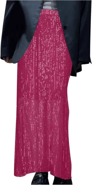 Women's Sequin Maxi Skirts Fashion Stretch High Waist Ankle Length Skirt Casual Slim Fit Long Skirts Party Outfits