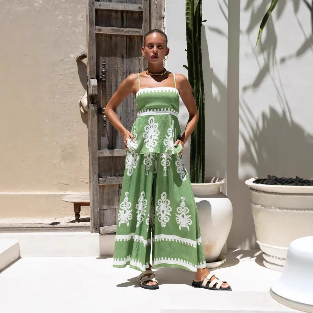 Womens Sleeveless Top and Skirt Set  Ethnic Print  Peplum Fit  Cotton Matching Outfit