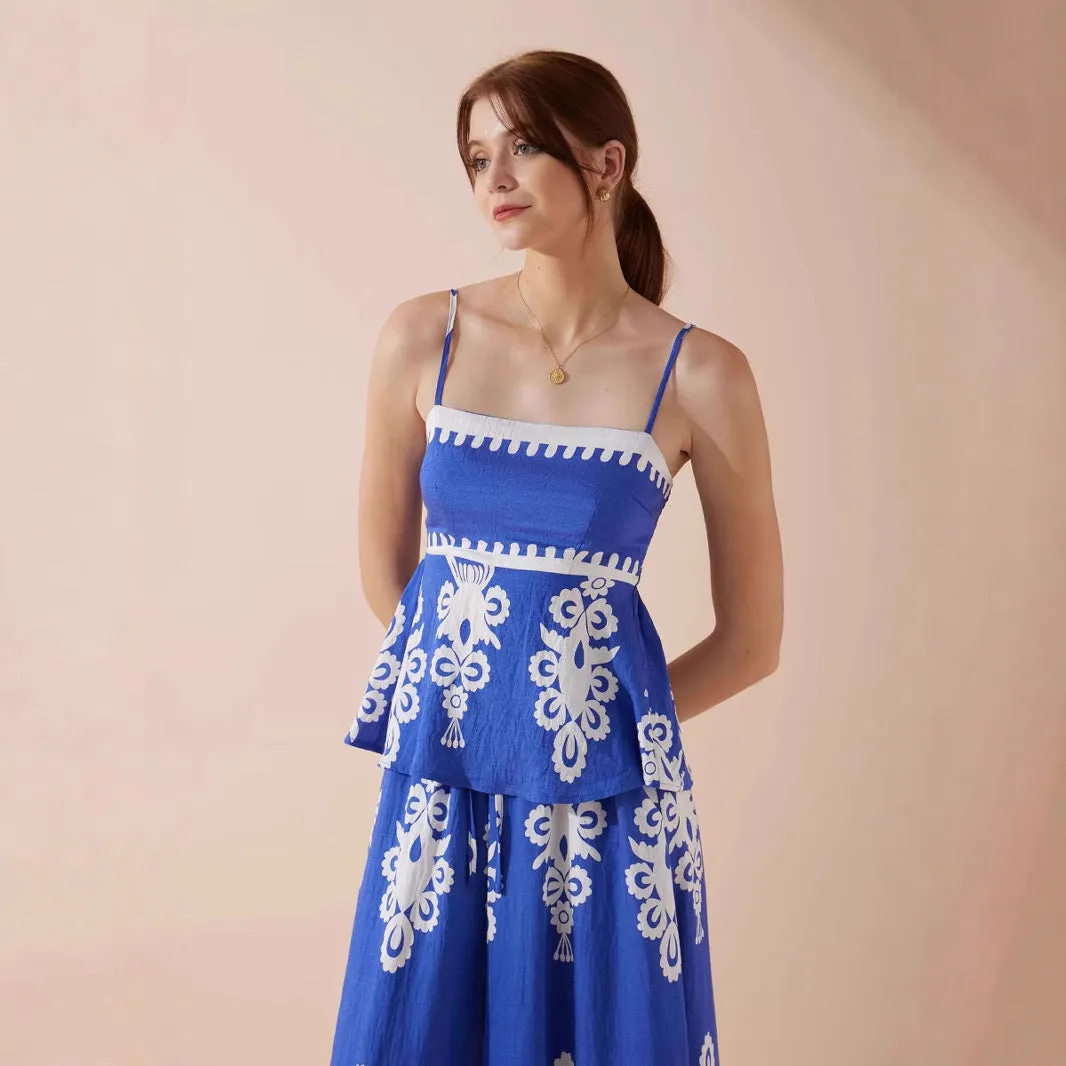 Womens Sleeveless Top and Skirt Set  Ethnic Print  Peplum Fit  Cotton Matching Outfit