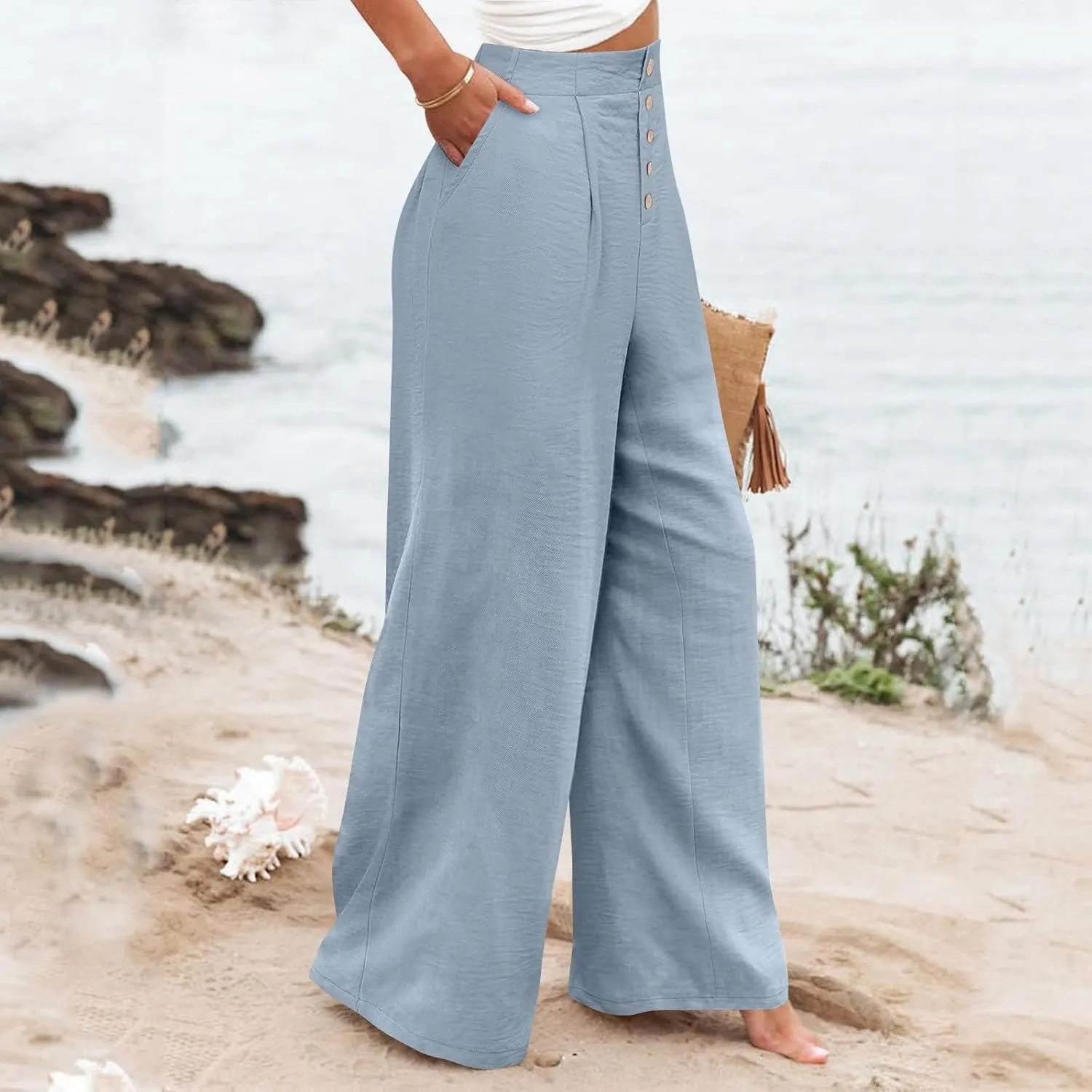 Womens Wide Leg Pants Dressy Casual Elastic High Waisted Palazzo Pants Lightweight Summer Cotton Linen Pants w/Pockets