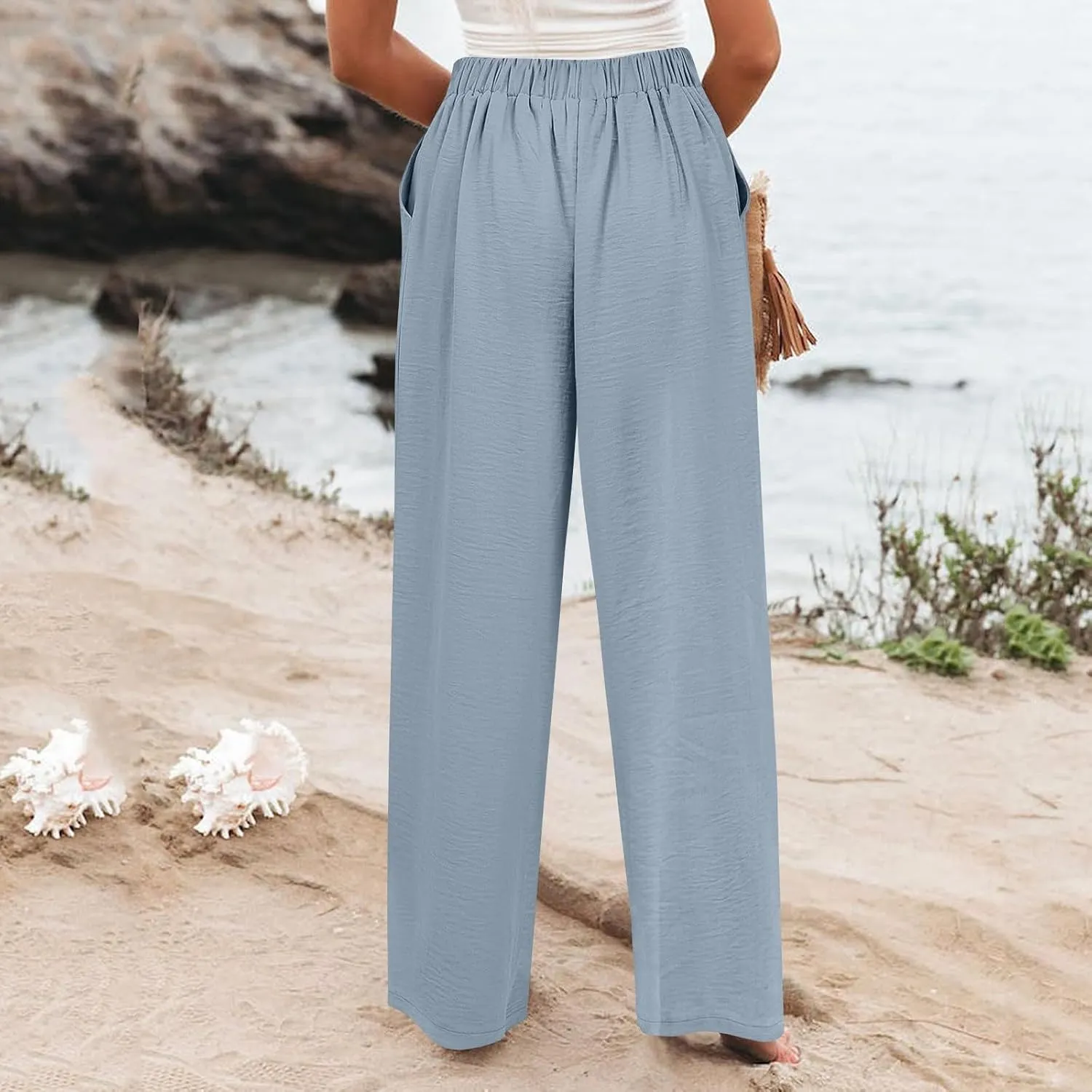 Womens Wide Leg Pants Dressy Casual Elastic High Waisted Palazzo Pants Lightweight Summer Cotton Linen Pants w/Pockets
