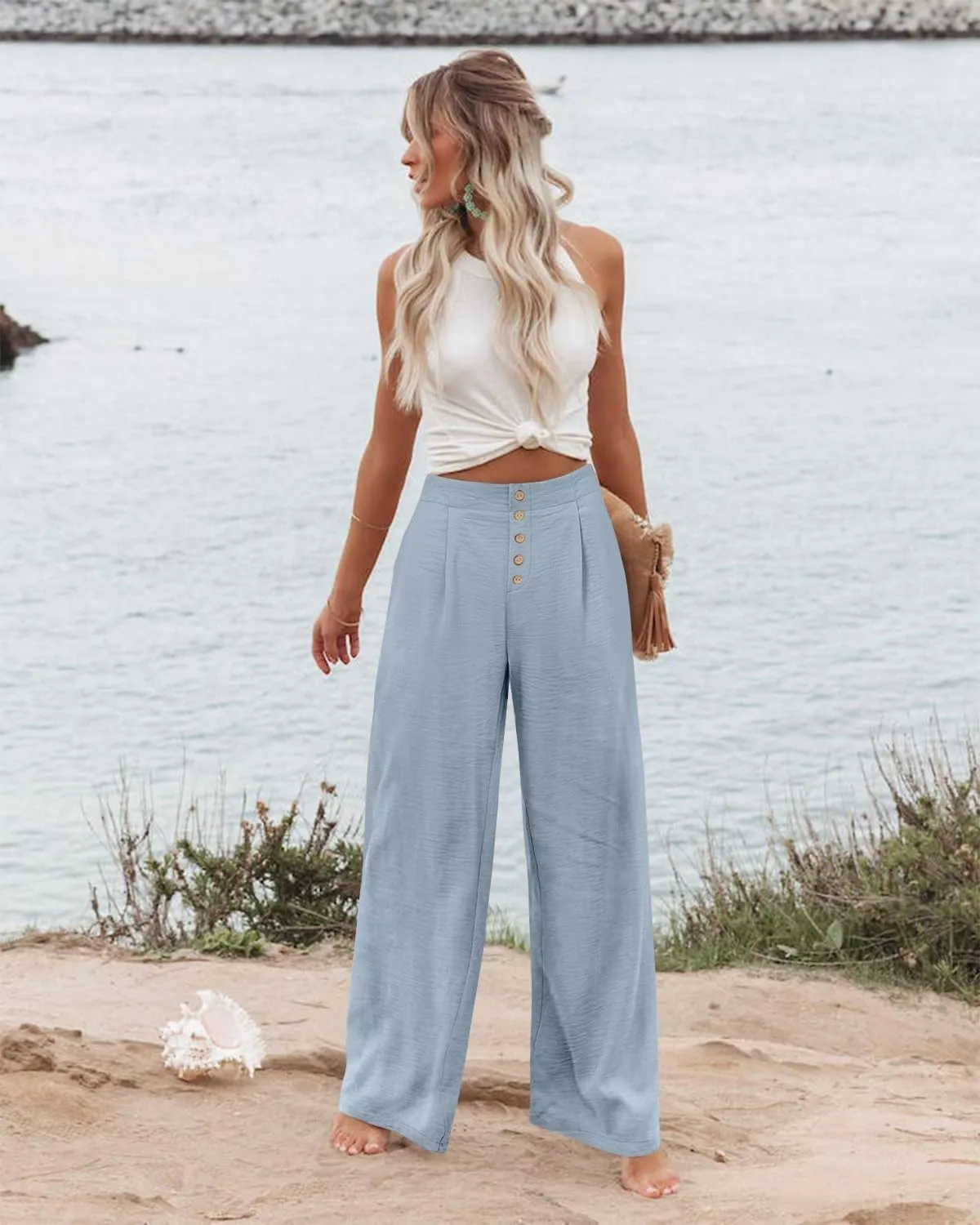 Womens Wide Leg Pants Dressy Casual Elastic High Waisted Palazzo Pants Lightweight Summer Cotton Linen Pants w/Pockets