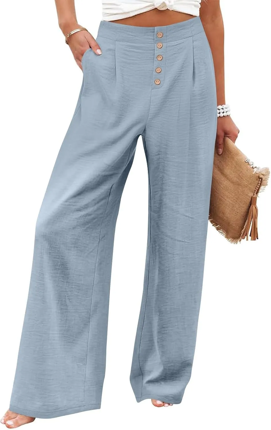 Womens Wide Leg Pants Dressy Casual Elastic High Waisted Palazzo Pants Lightweight Summer Cotton Linen Pants w/Pockets
