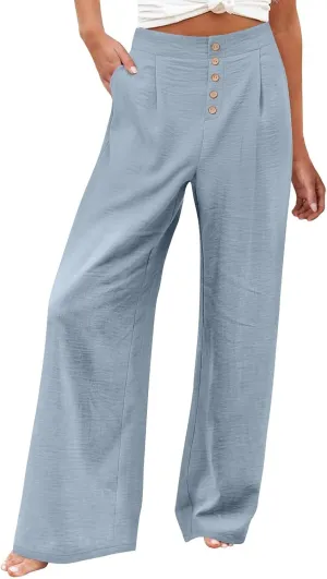 Womens Wide Leg Pants Dressy Casual Elastic High Waisted Palazzo Pants Lightweight Summer Cotton Linen Pants w/Pockets